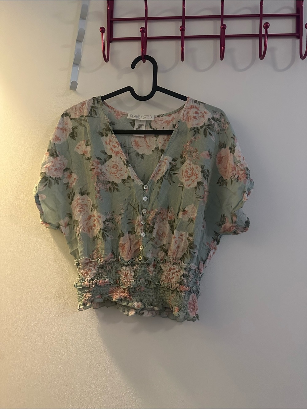 Planet Gold Mint Green Floral Button-Front Smocked Waist Top